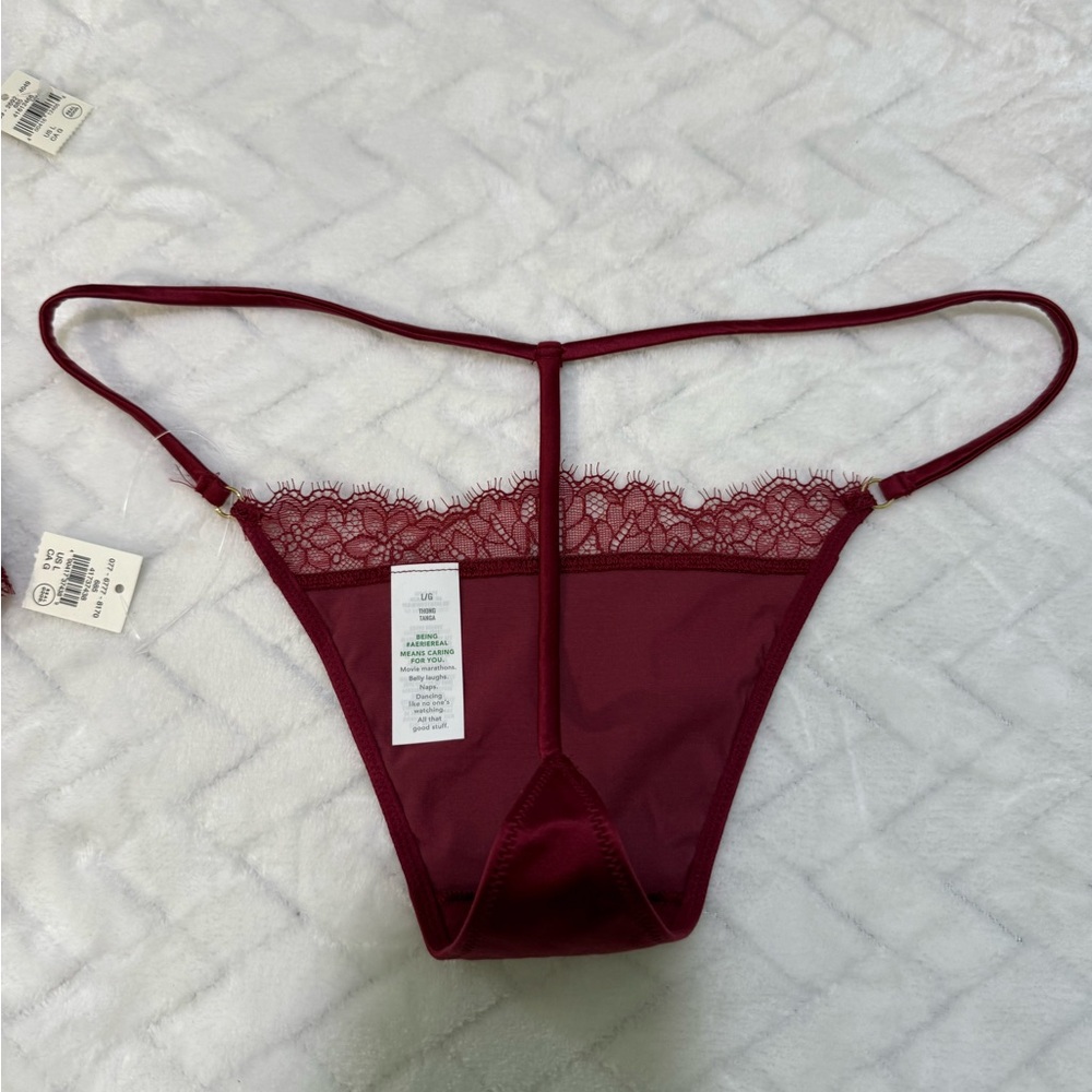 Nwt $60 Aerie Show Off Shine Lace Corset Bra Top Cami & Thong Red Cherry Tart L - Picture 2 of 14
